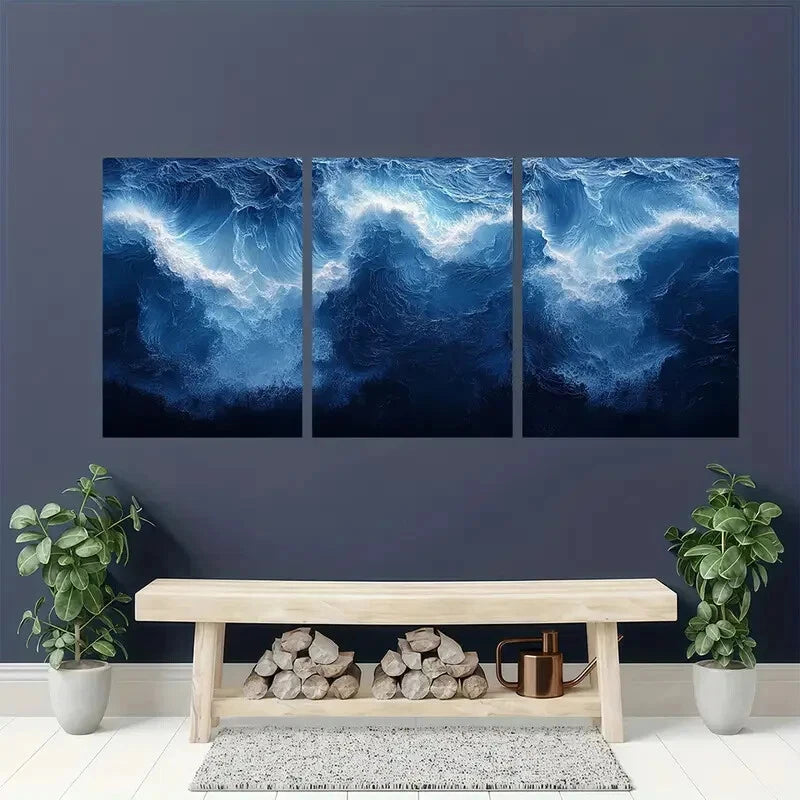 3pcs Abstract Blue White Ocean Art Print Metal Print Ready to Hang Art - Bella Home Decor