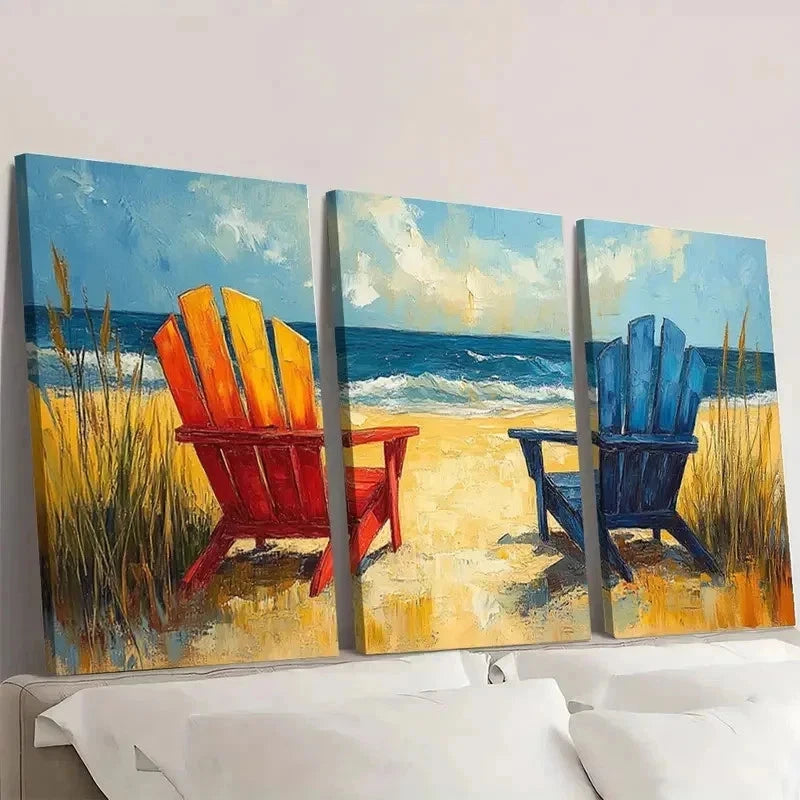 3pcs Abstract Vibrant Beach Chair i   Wall Art Set Canvas Framed 50x70cm - High Quality Print 100% Australian Made Wall Canvas Ready to Hang - Bella Home Decor