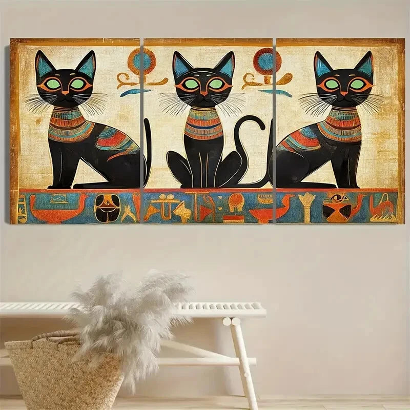 3pcs Vibrant Egyptian Ornament Egypt Cat Metal Print Ready to Hang Art - Bella Home Decor