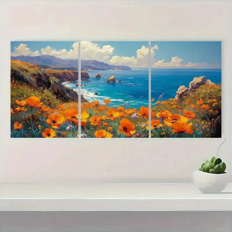 3pcs Big Sur Landscape with Vibrant Yellow Poppy Metal Print Ready to Hang Art - Bella Home Decor