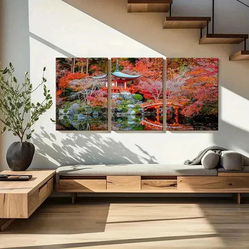 3pcs Kyoto Daigoji Temple Red Maple Leaves Wall Art Canvas Unframed - High Quality Print 100% Australian Made Wall Canvas