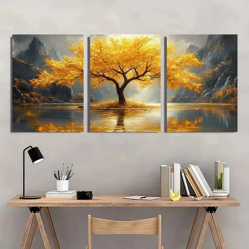 3pcs Golden Tree Water Reflection Painting Wall Art Canvas Unframed - High Quality Print 100% Australian Made Wall Canvas