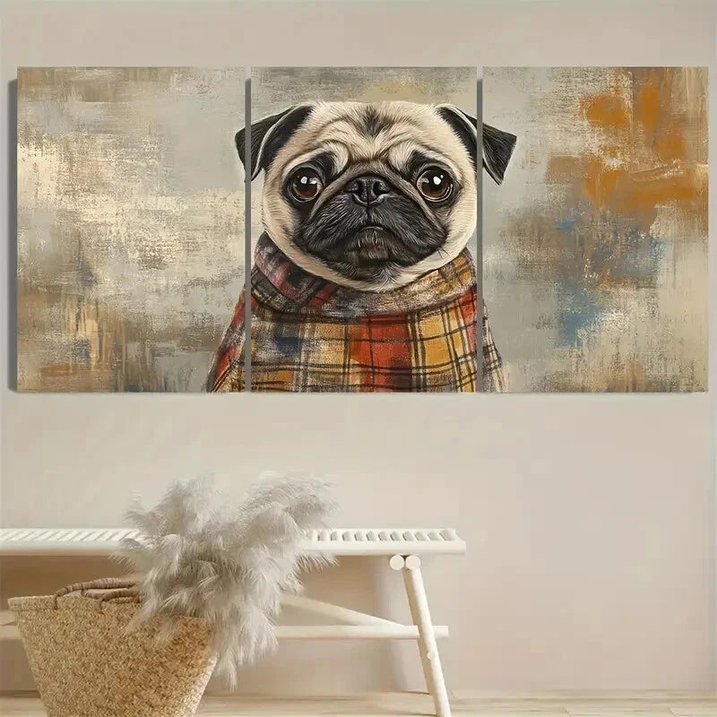 3pcs Adorable Pug with Plaid Dress Metal Print Ready to Hang Art - Bella Home Decor