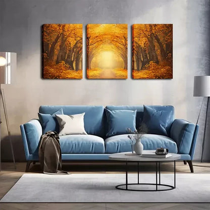 3pcs Vibrant Yellow Forest Road Scene Wall Art Set Wall Art Canvas Unframed - High Quality Print 100% Australian Made Wall Canvas - Bella Home Decor