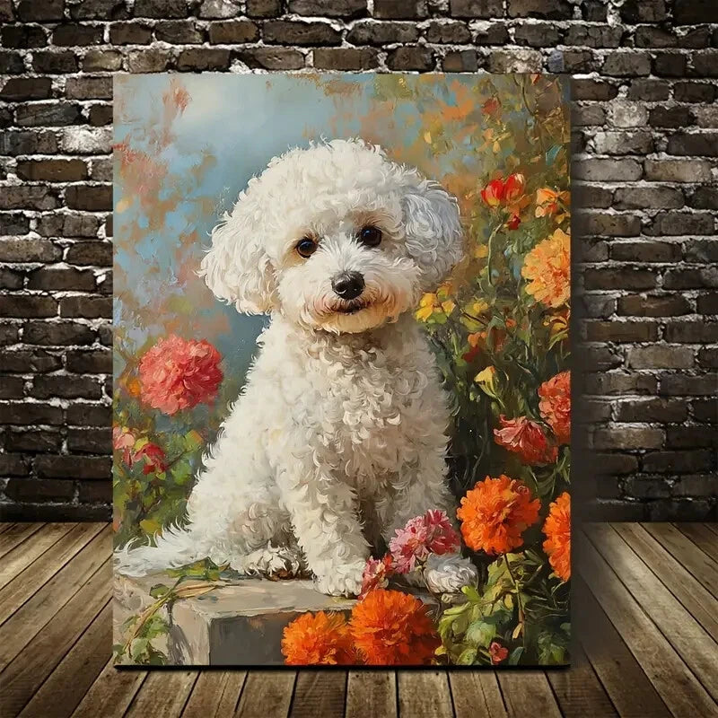 Adorable Bichon Frise Vibrant Floral Painting 40x60cm Metal Print Ready to Hang - Bella Home Decor