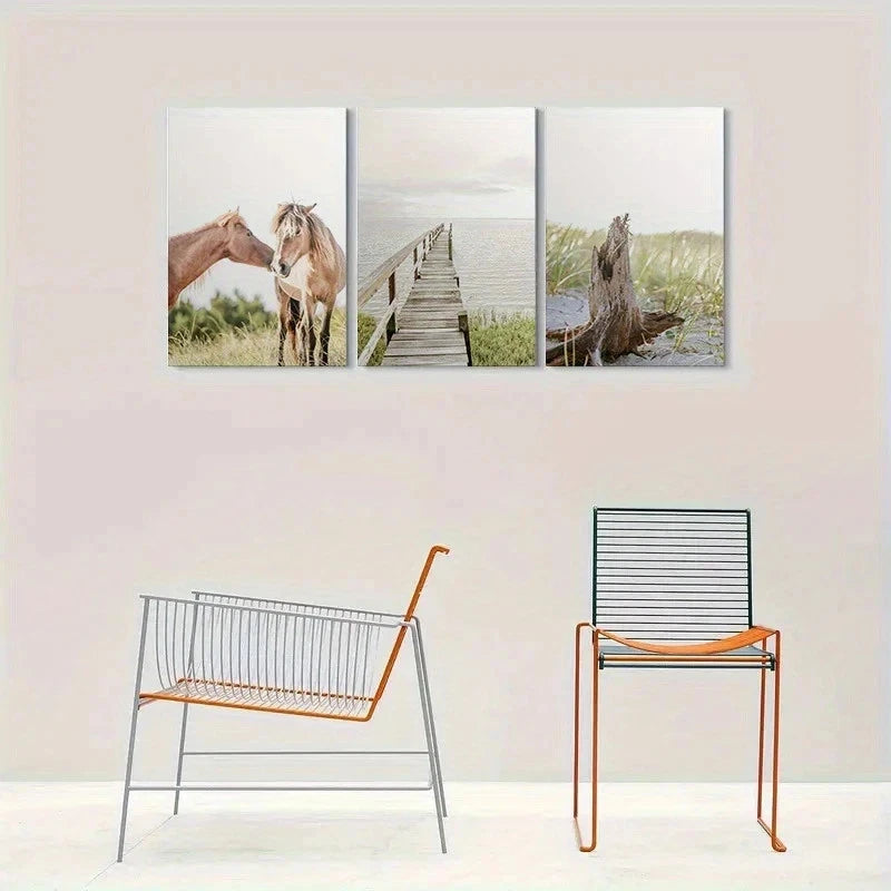 3pcs Coastal Scene with Horse Metal Print Ready to Hang Art - Bella Home Decor