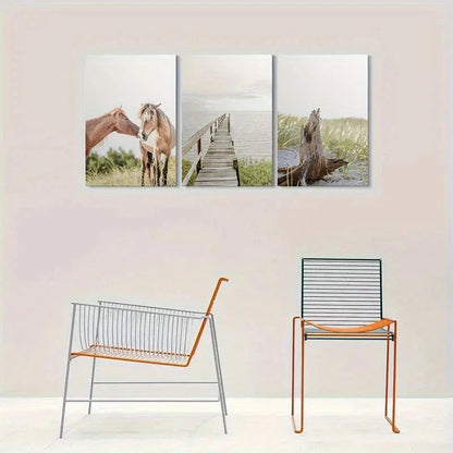 3pcs Coastal Scene with Horse Metal Print Ready to Hang Art - Bella Home Decor
