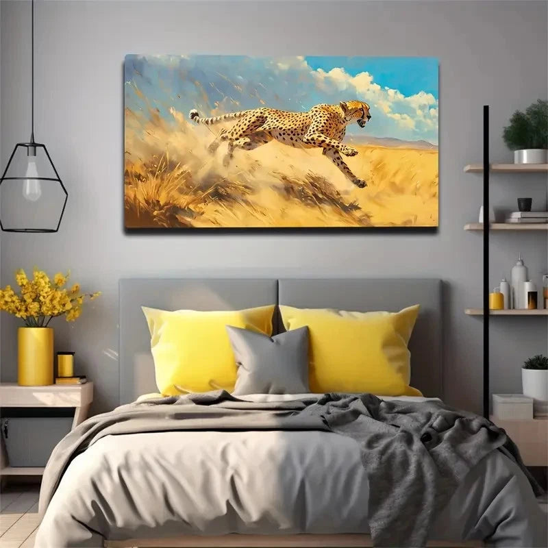 The Leopard Running Grassland Wall Art Canvas Office Home Room Framed 120x60cm