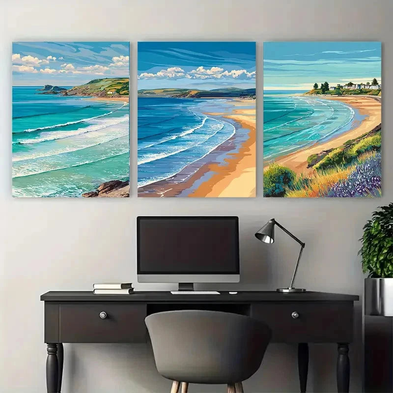 3pcs Woolacombe Travel Beach Illustration Wall Art Set Canvas Framed 60x90cm - High Quality Print 100% Australian Made Wall Canvas Ready to Hang