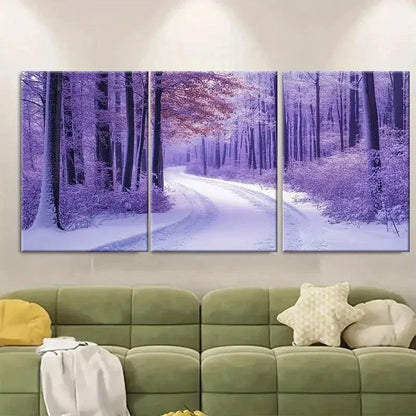 3pcs Purple Snow Covered Woodland RW Wall Art Set Canvas Framed 50x70cm - High Quality Print 100% Australian Made Wall Canvas Ready to Hang