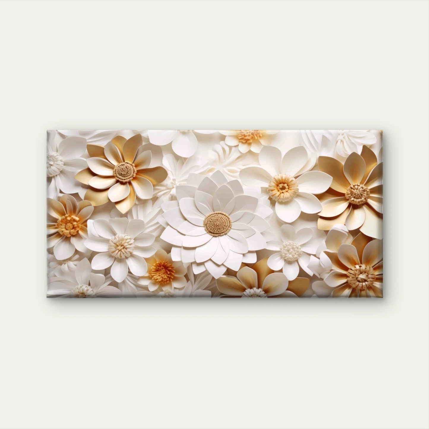 Elegant Gold White Paper Flower Wall Art Canvas Office Home Room Framed 120x60cm - Bella Home Decor