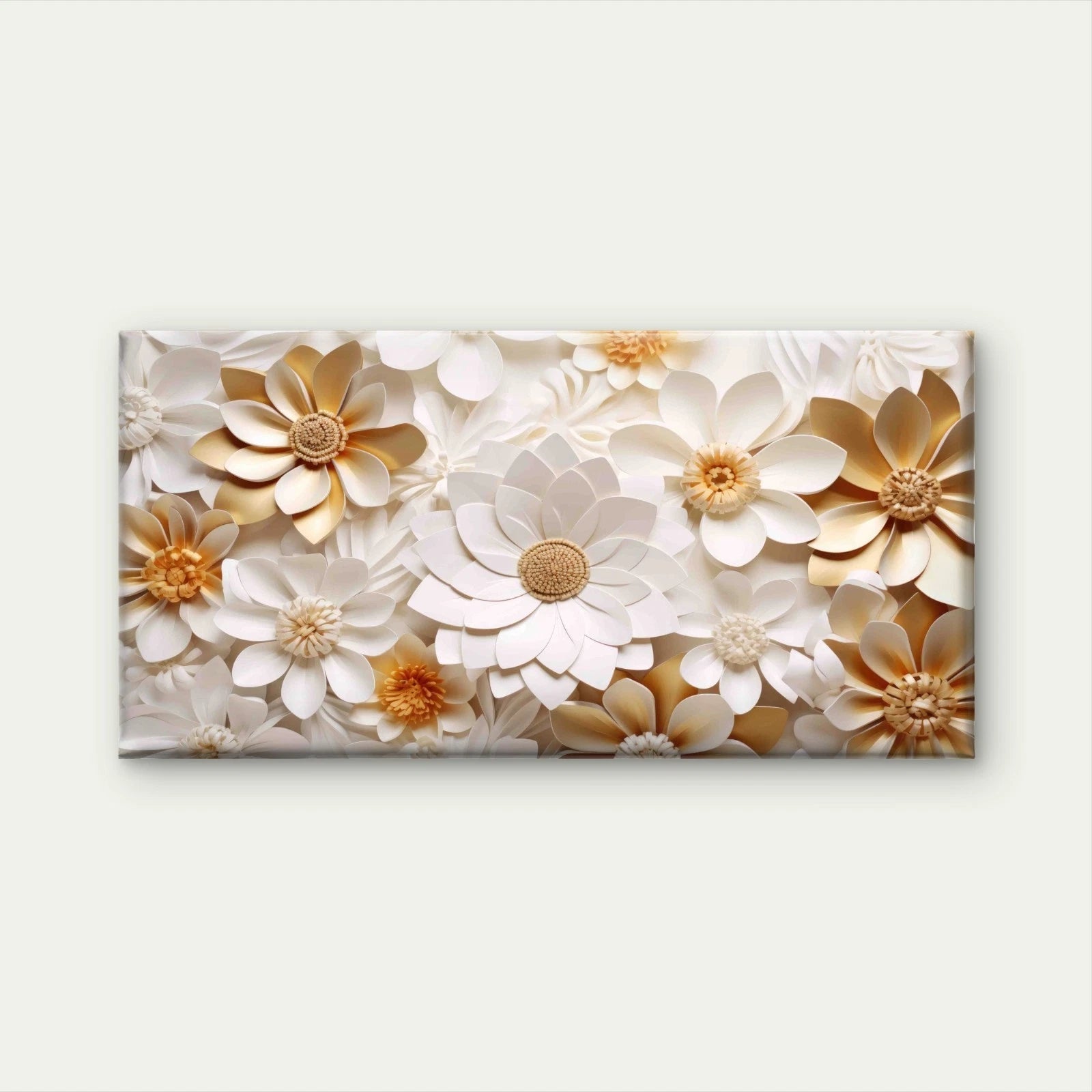 Elegant Gold White Paper Flower Wall Art Canvas Office Home Room Framed 120x60cm - Bella Home Decor
