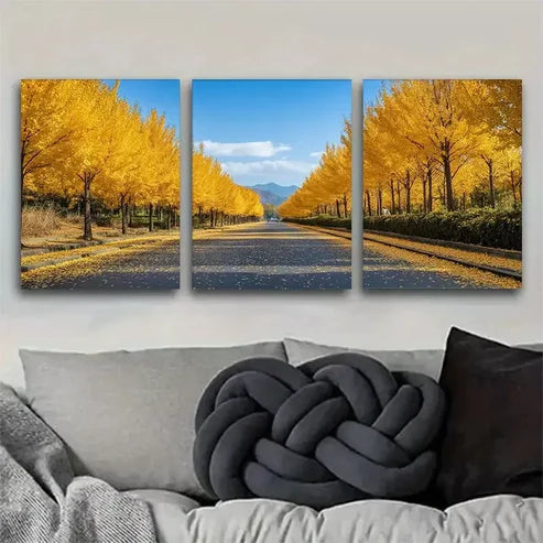 3pcs Golden Autumn Avenue Triptych Wall Art Set Canvas Framed 60x90cm - High Quality Print 100% Australian Made Wall Canvas Ready to Hang
