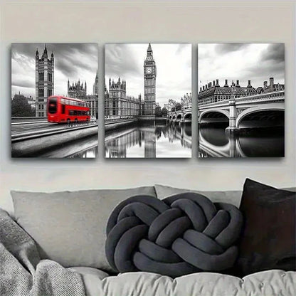 3pcs lack and White Big Ben and Red Bus Landscape Metal Print Ready to Hang Art