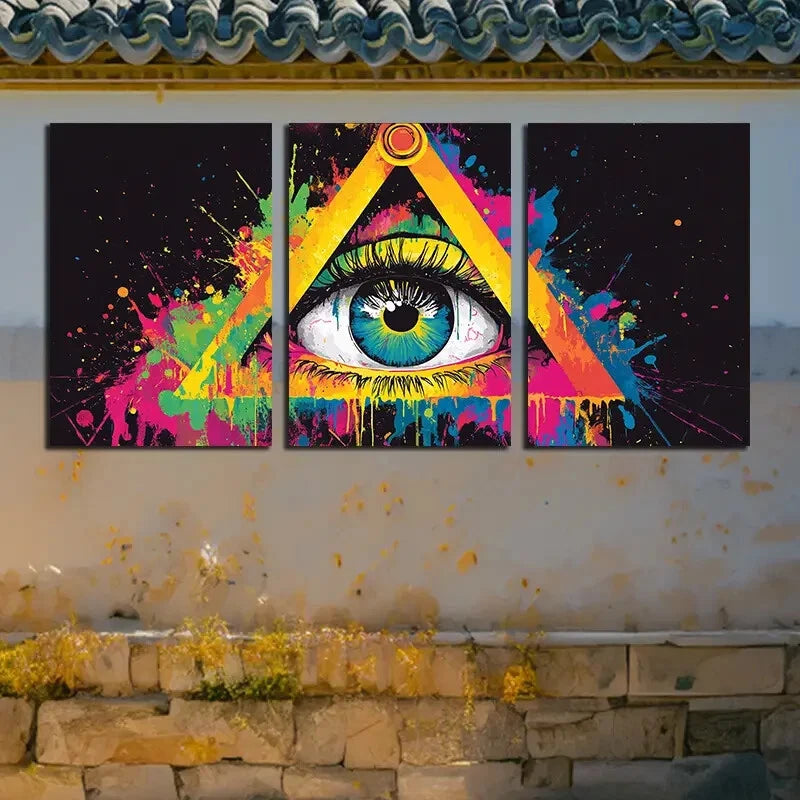 3pcs The Eyes in the Triangle Color Splashes Metal Print Ready to Hang Art - Bella Home Decor