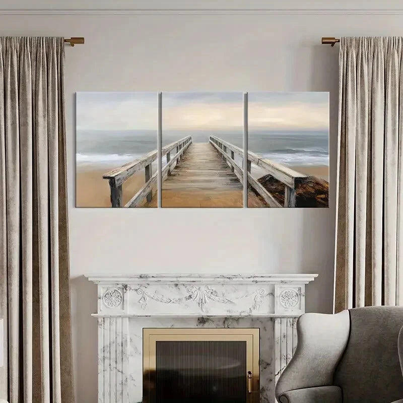 3pcs Wooden Dock Ocean Waves Coastal Landscape Metal Print Ready to Hang Art - Bella Home Decor