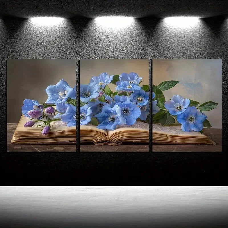 3pcs Vibrant Blue Wildflowers Floral Book Bloom Metal Print Ready to Hang Art - Bella Home Decor