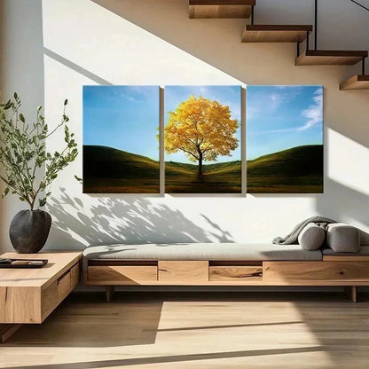 3pcs Golden Trees In The Valley Modern Wall Art Set Canvas Framed 60x90cm - High Quality Print 100% Australian Made Wall Canvas Ready to Hang - Bella Home Decor