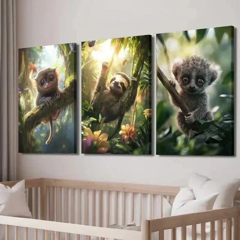 3pcs Adorable Tarsier & Sloth in Lush Greenery Wall Art Canvas Unframed - High Quality Print 100% Australian Made Wall Canvas