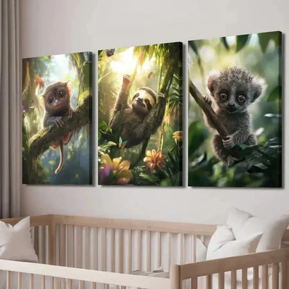 3pcs Adorable Tarsier & Sloth in Lush Greenery Wall Art Canvas Unframed - High Quality Print 100% Australian Made Wall Canvas