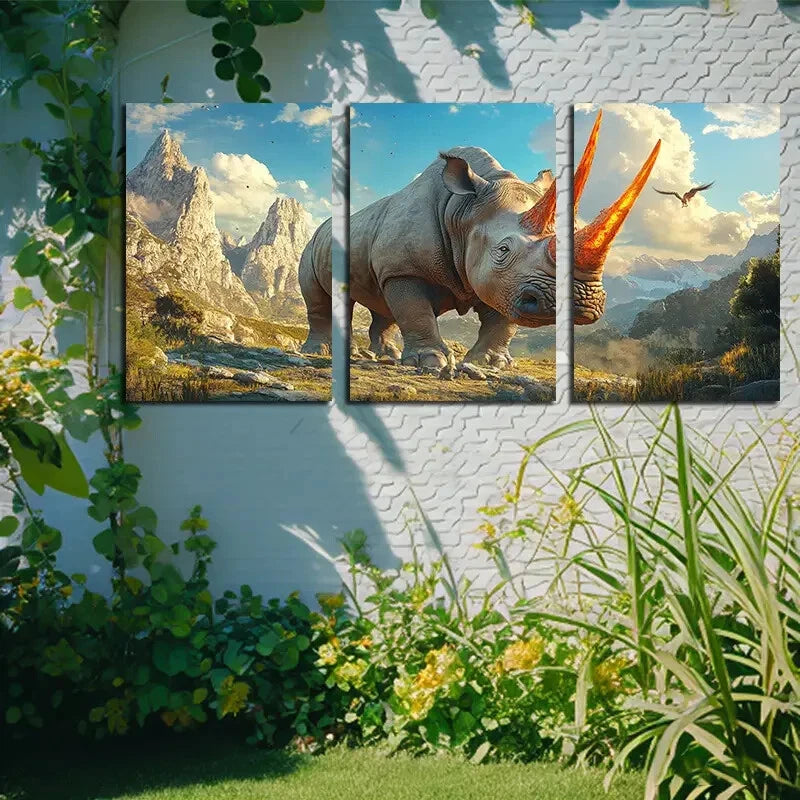 3pcs Vibrant horn Savage Rhinoceros Metal Print Ready to Hang Art - Bella Home Decor
