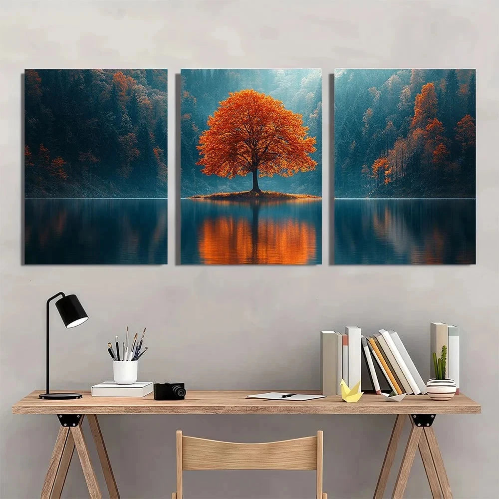 3pcs Vibrant Autumn Tree Lake Reflection Metal Print Ready to Hang Art