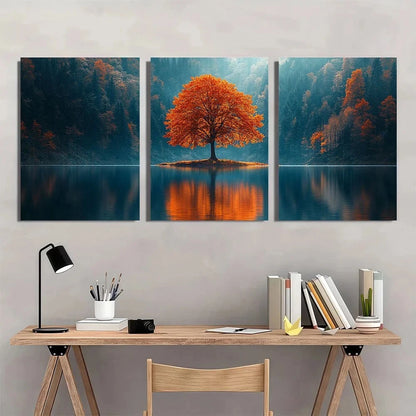 3pcs Vibrant Autumn Tree Lake Reflection Metal Print Ready to Hang Art