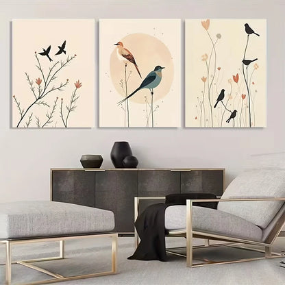 3pcs Three Minimalist Boho Birds Art Panels  Wall Art Set Canvas Framed 50x70cm - High Quality Print 100% Australian Made Wall Canvas Ready to Hang