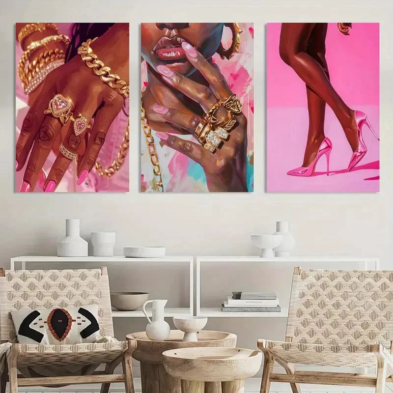 3pcs Painting Pink Fashion African Black Girl Metal Print Ready to Hang Art - Bella Home Decor