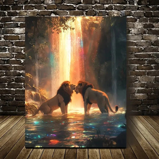 Lion Painting with Waterfall & Rainbow Painting 40x60cm Metal Print Ready to Hang - Bella Home Decor