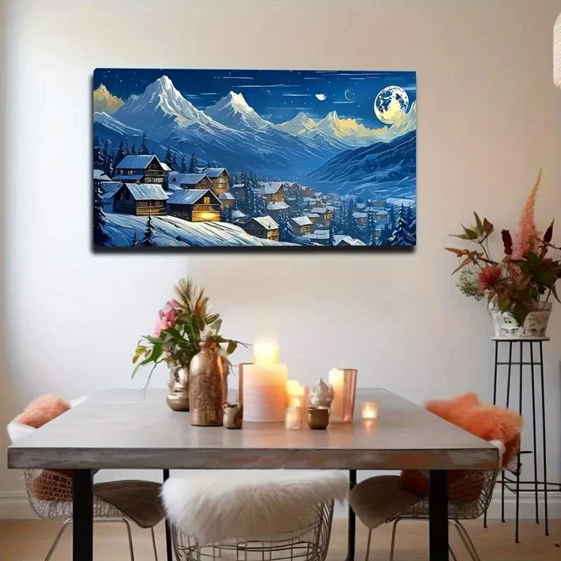 Snowy Village Decor Moonlit Wall Art Canvas Office Home Room Framed 120x60cm