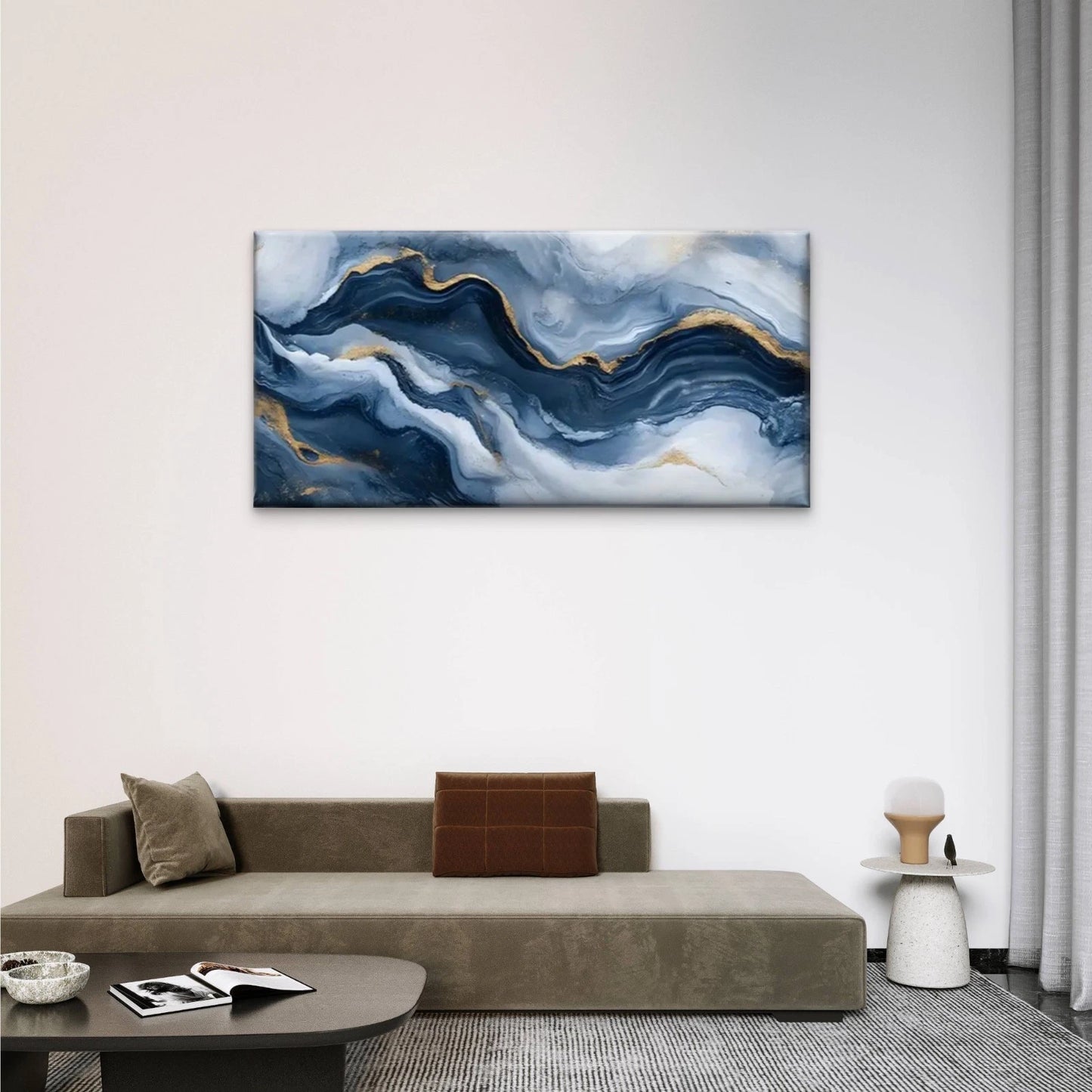 Blue And Golden Marble Abstract Wall Art Canvas Office Home Room Framed 120x60cm
