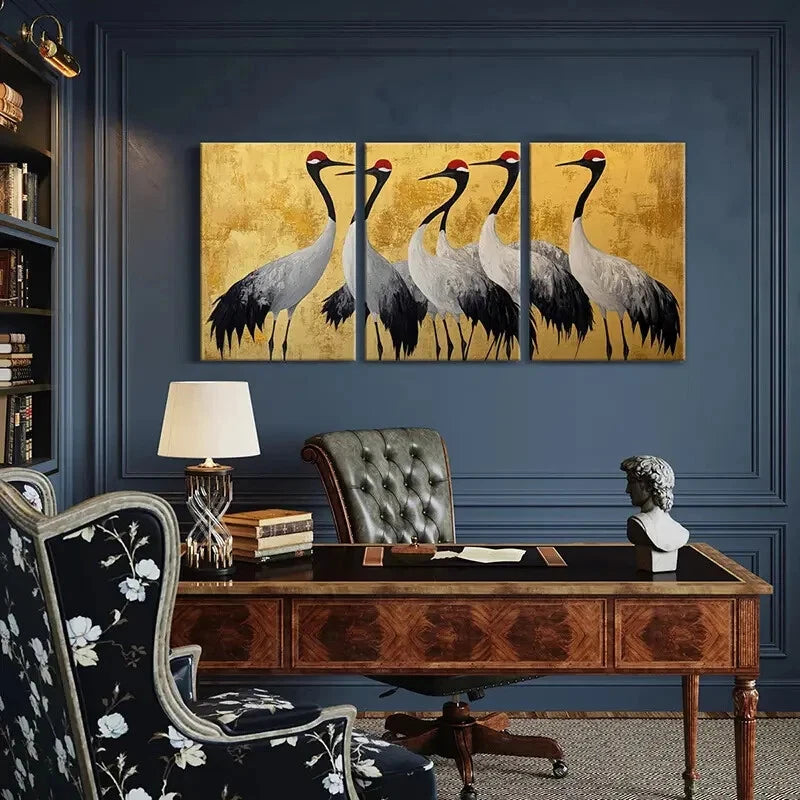 3pcs Elegant Cranes Golden Background Metal Print Ready to Hang Art - Bella Home Decor