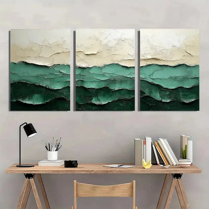 3pcs Abstract Green & White Textured Metal Print Ready to Hang Art - Bella Home Decor
