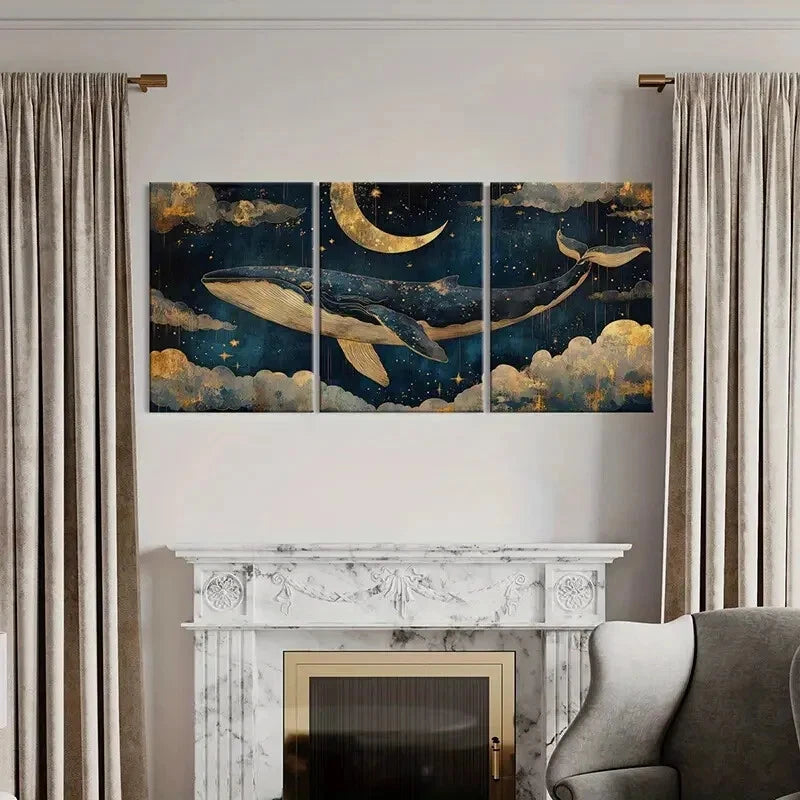 3pcs Whale Dream Sky Moon Stars Clouds Night Art Metal Print Ready to Hang Art - Bella Home Decor