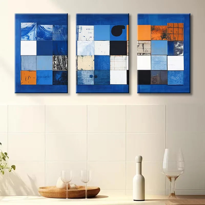3pcs Blue square Abstract Illustration Wall Art Set Canvas Framed 50x70cm - High Quality Print 100% Australian Made Wall Canvas Ready to Hang - Bella Home Decor