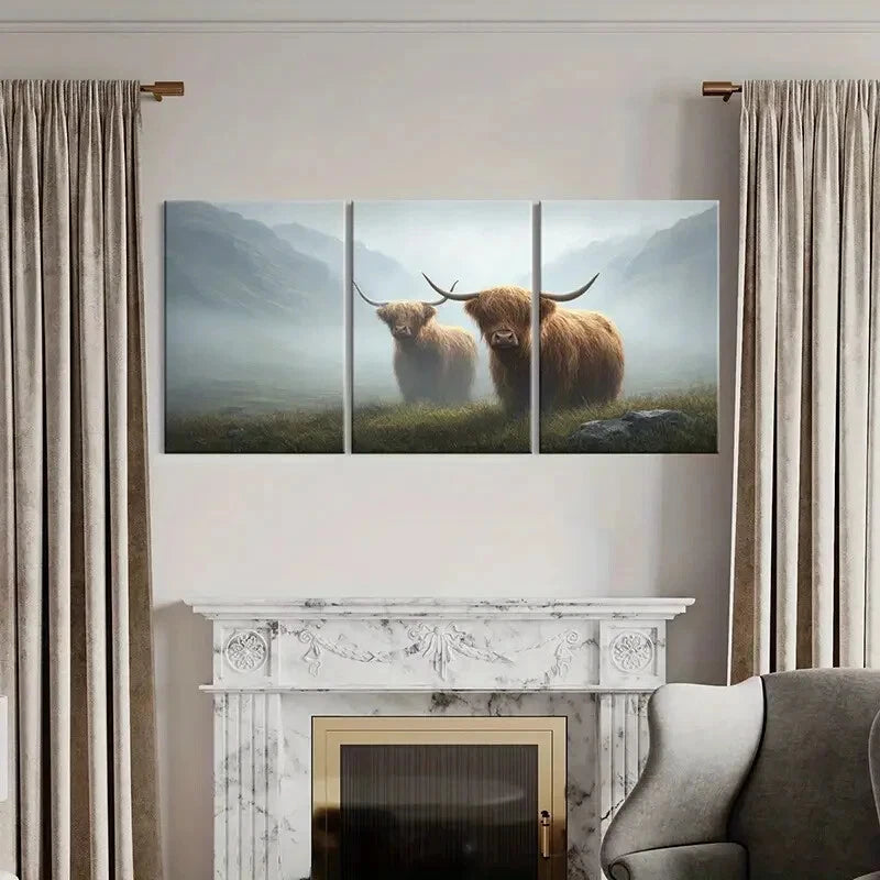 3pcs Highland Cattle Foggy Mountain Landscape Metal Print Ready to Hang Art - Bella Home Decor