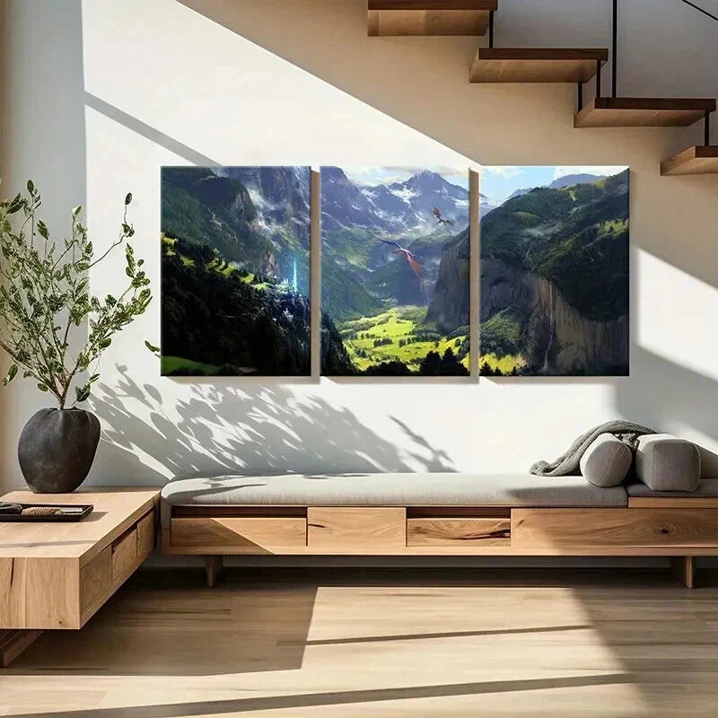3pcs Fantasy Otherworld Art Dragons Valley Wall Art Set Canvas Framed 60x90cm - High Quality Print 100% Australian Made Wall Canvas Ready to Hang - Bella Home Decor