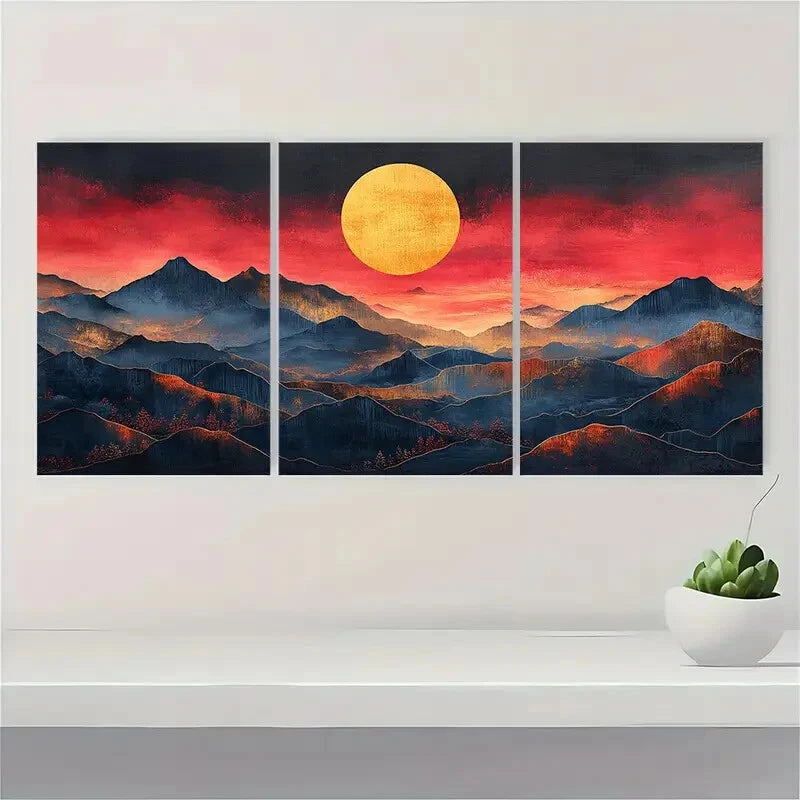 3pcs Minimalist Mountain Art with Sunset Boho Metal Print Ready to Hang Art - Bella Home Decor