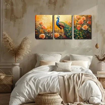 3pcs Vibrant Peacock & Rose Décor Perfect Wall Art Canvas Unframed - High Quality Print 100% Australian Made Wall Canvas