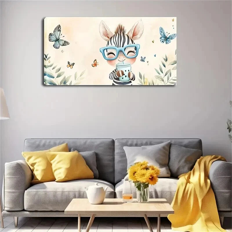 Adorable Zebra In Blue Glasses Wall Art Canvas Office Home Room Framed 120x60cm - Bella Home Decor