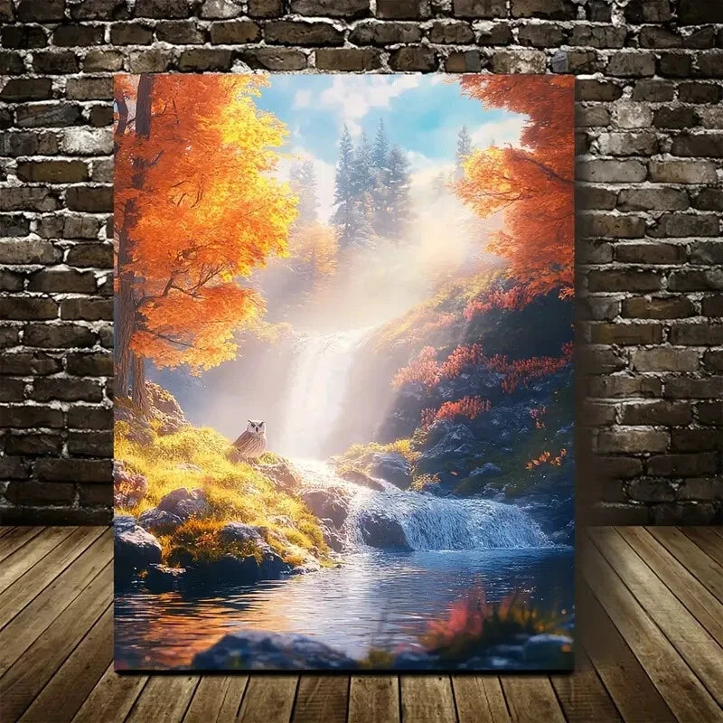 Vibrant Autumn Scene with Owl Painting  40x60cm Metal Print Ready to Hang - Bella Home Decor