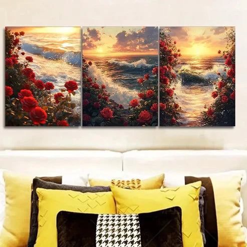 3pcs Sunset Seascape with Red Roses  Wall Art Set Canvas Unframed - High Quality Print 100% Australian Made Wall Canvas - Bella Home Decor