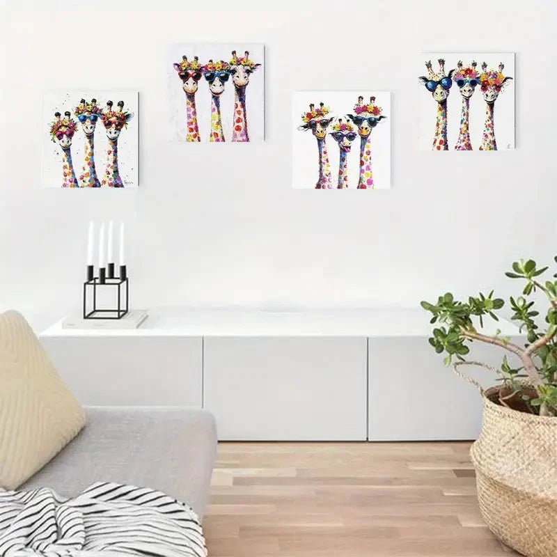 4pcs Whimsical Giraffe Familye Wall Art Canvas Framed