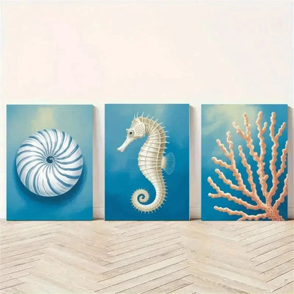 3pcs  Seashell, Seahorse, Coral    Wall Art Set Canvas Framed 60x90cm - High Quality Print 100% Australian Made Wall Canvas Ready to Hang - Bella Home Decor