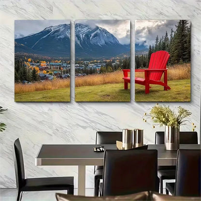 3pcs Red Chair Over Collingwood Blue Mountain Metal Print Ready to Hang Art