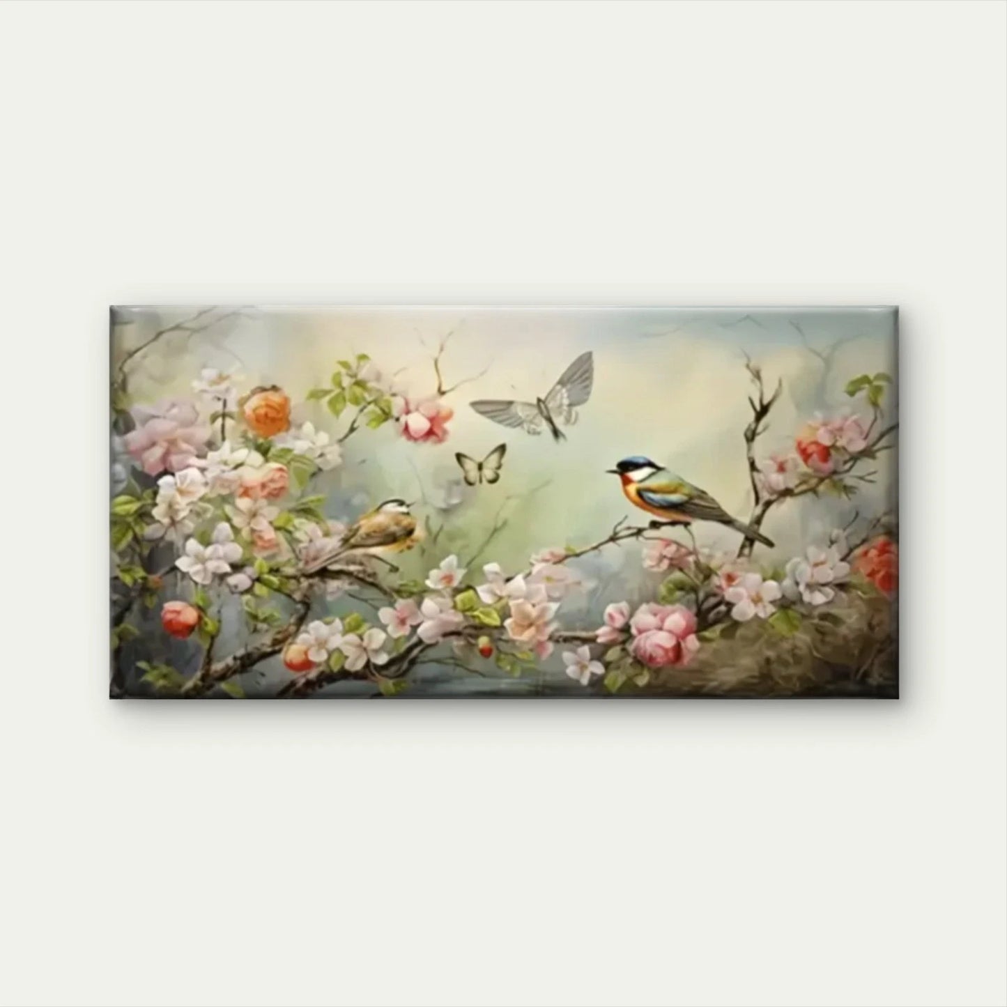 Birds And Flowers On Branch Wall Art Canvas Office Home Room Framed 120x60cm