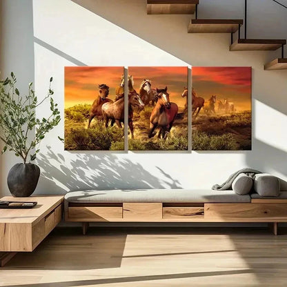 3pcs Horses Running At Sunset Grassland Wall Art Set Canvas Framed 60x90cm - High Quality Print 100% Australian Made Wall Canvas Ready to Hang