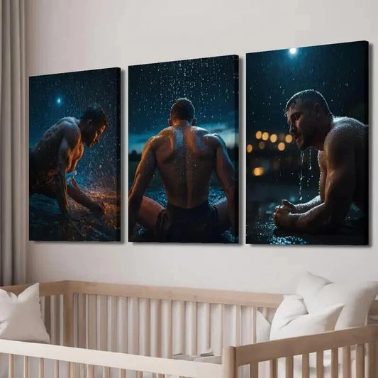 3pcs Gym & Home Rainy Night Athlete Training Wall Art Set Canvas Framed 60x90cm - High Quality Print 100% Australian Made Wall Canvas Ready to Hang