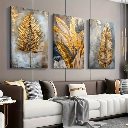 3pcs Golden Leaf & Feather  Wall Art Set Canvas Unframed - High Quality Print 100% Australian Made Wall Canvas - Bella Home Decor